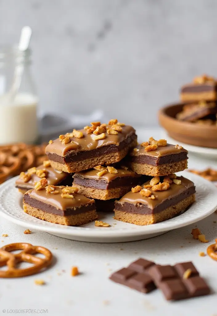 26 No-Bake Gluten-Free Desserts for Hot Days - 22. No-Bake Caramel Chocolate Pretzel Bars
